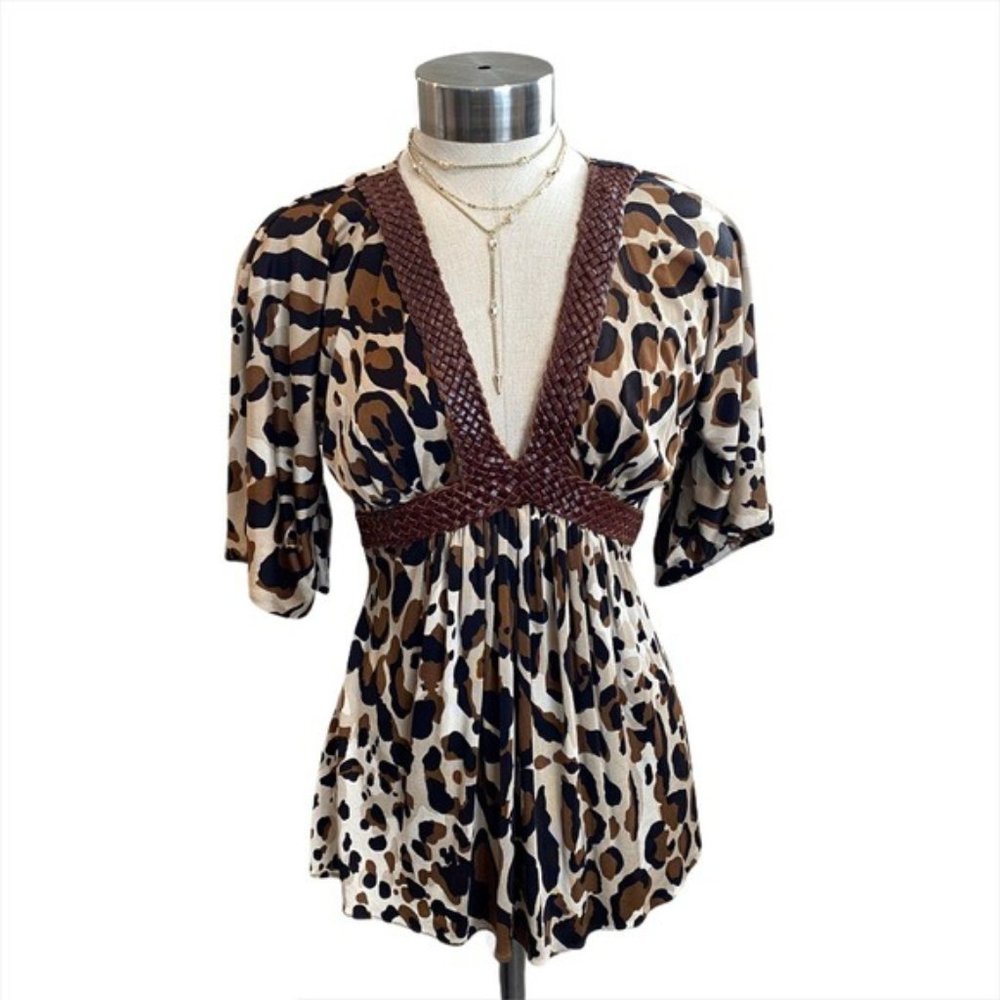 SKY Brand Leopard Print Silk V Neck with Leather Detail Top Blouse Size XS